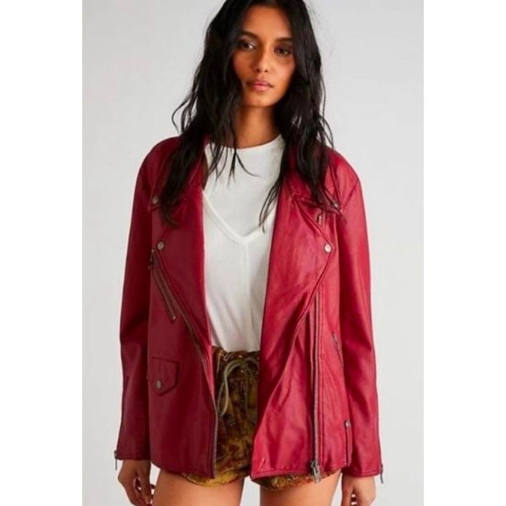 We The Free Jealousy Vegan Leather Moto Jacket Burgundy Red Size L